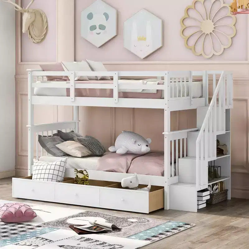 Twin over Twin Stairway Bunk Bed with Storage Drawers and Guard Rail