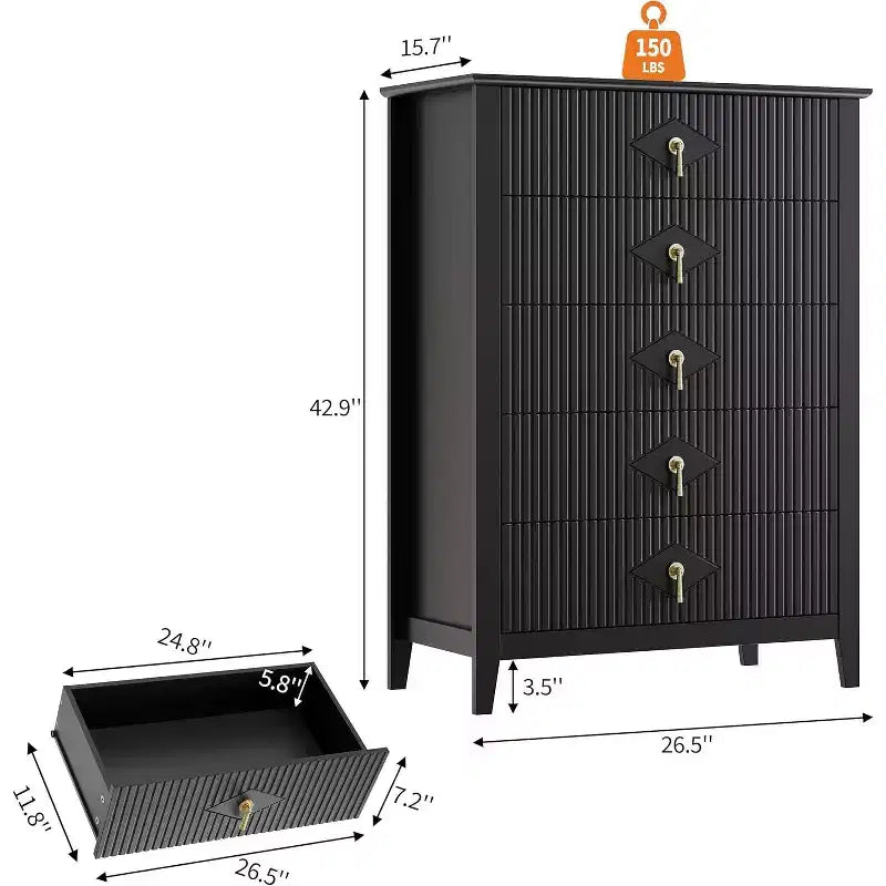 42.9" Tall Fluted 5-Drawer Dresser, Wood Chest of Drawers