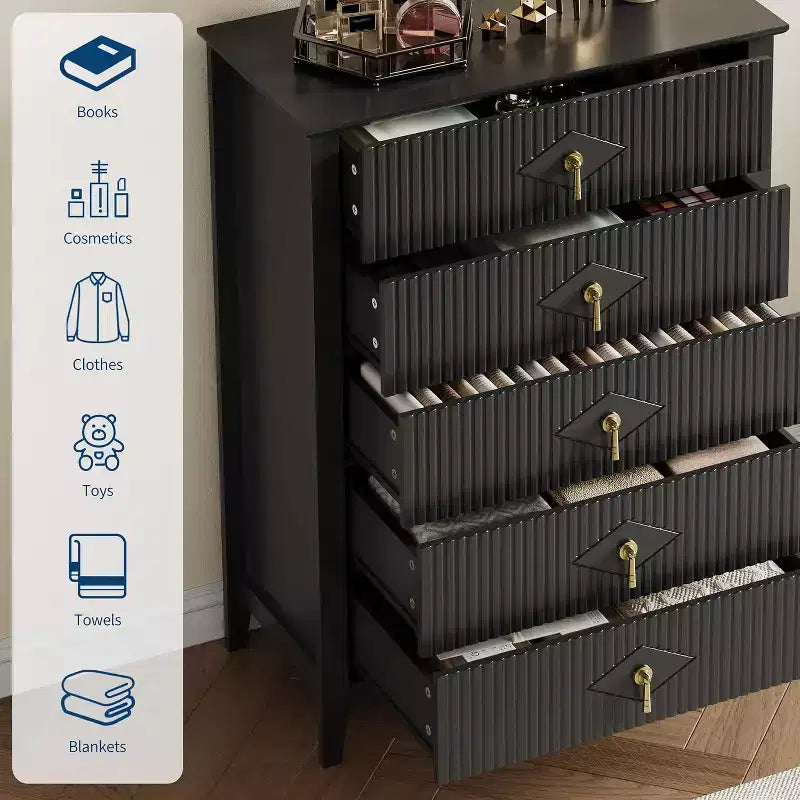 42.9" Tall Fluted 5-Drawer Dresser, Wood Chest of Drawers