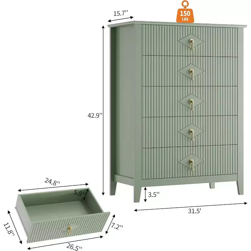 42.9" Tall Fluted 5-Drawer Dresser, Wood Chest of Drawers