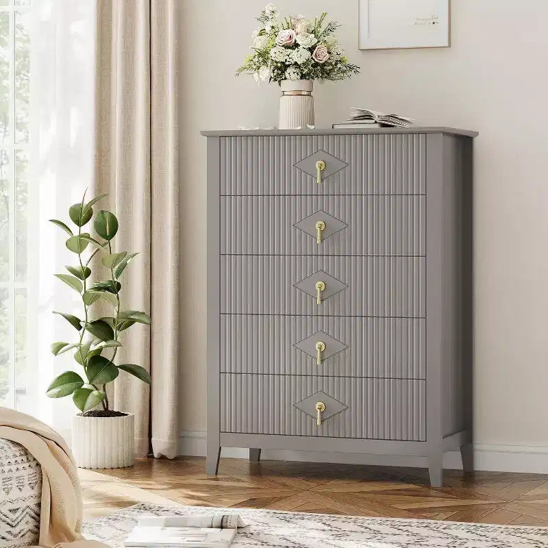 42.9" Tall Fluted 5-Drawer Dresser, Wood Chest of Drawers