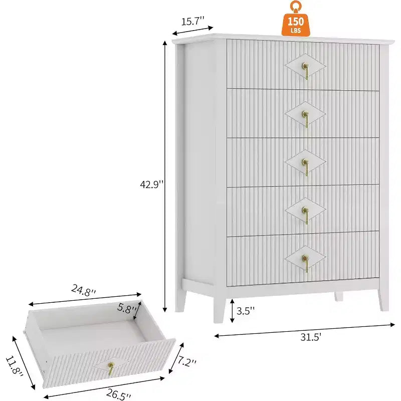 42.9" Tall Fluted 5-Drawer Dresser, Wood Chest of Drawers