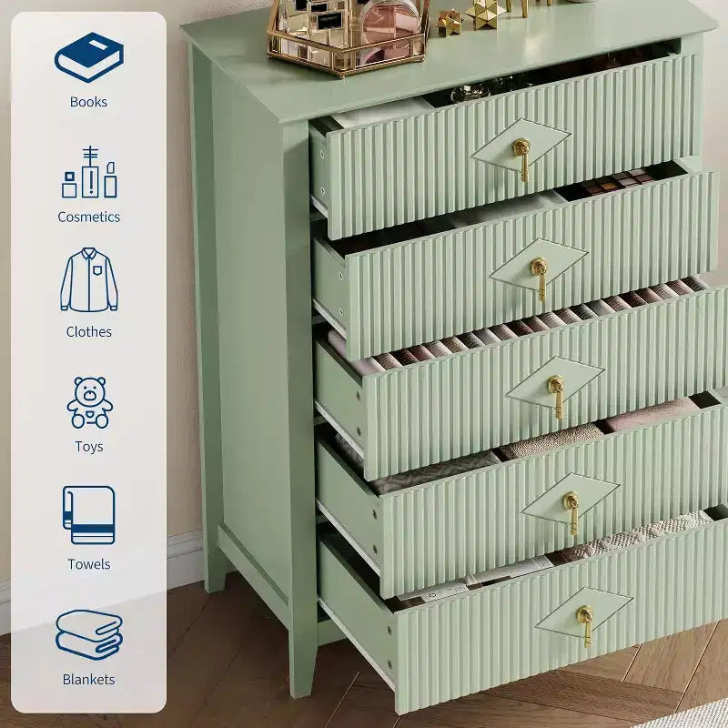 42.9" Tall Fluted 5-Drawer Dresser, Wood Chest of Drawers