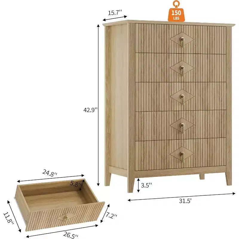 42.9" Tall Fluted 5-Drawer Dresser, Wood Chest of Drawers