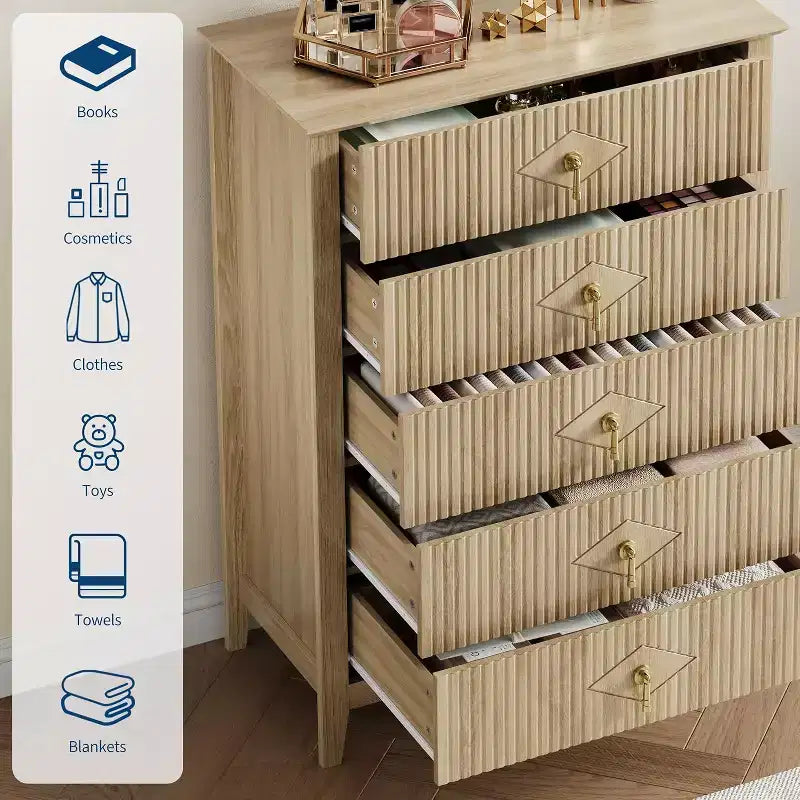 42.9" Tall Fluted 5-Drawer Dresser, Wood Chest of Drawers