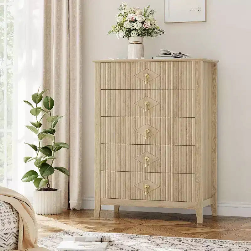 42.9" Tall Fluted 5-Drawer Dresser, Wood Chest of Drawers