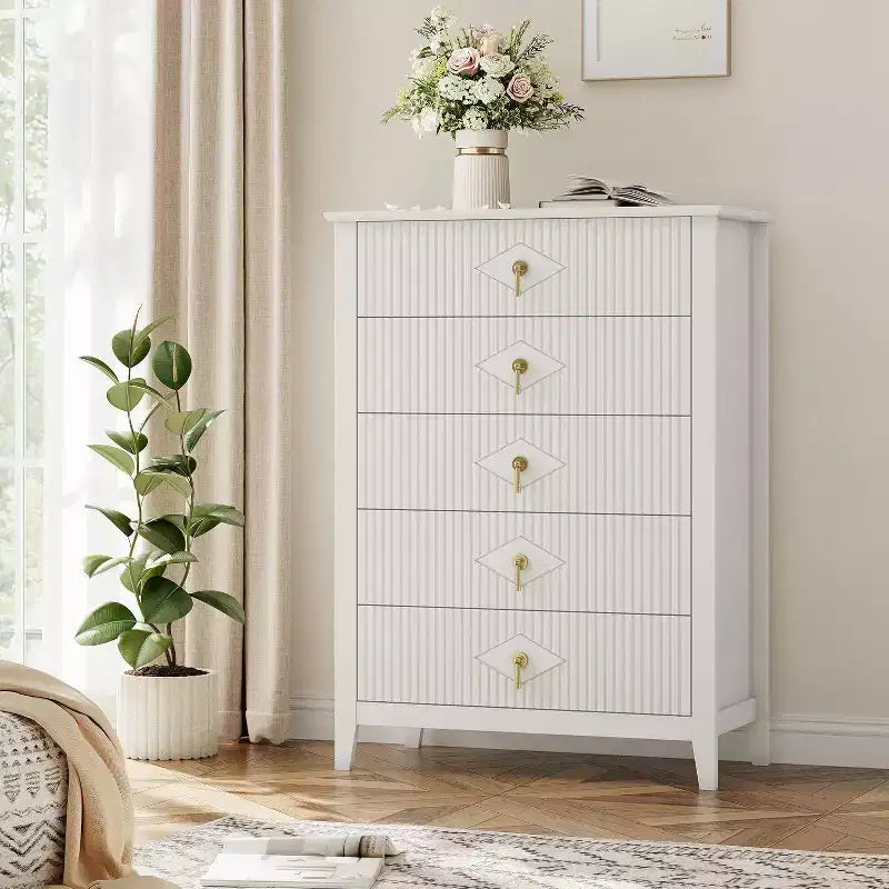 42.9" Tall Fluted 5-Drawer Dresser, Wood Chest of Drawers