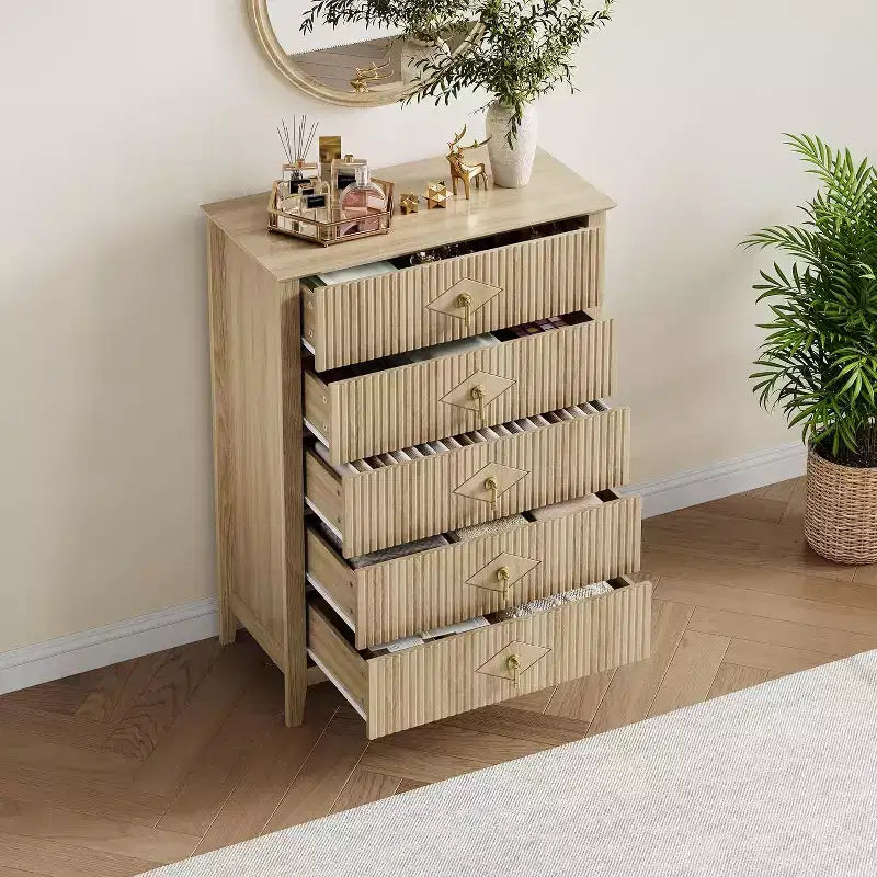 42.9" Tall Fluted 5-Drawer Dresser, Wood Chest of Drawers