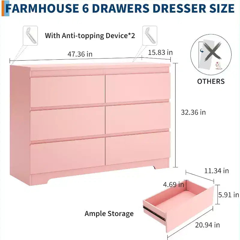 Modern 6-Drawer Dresser, Wood Storage Cabinet