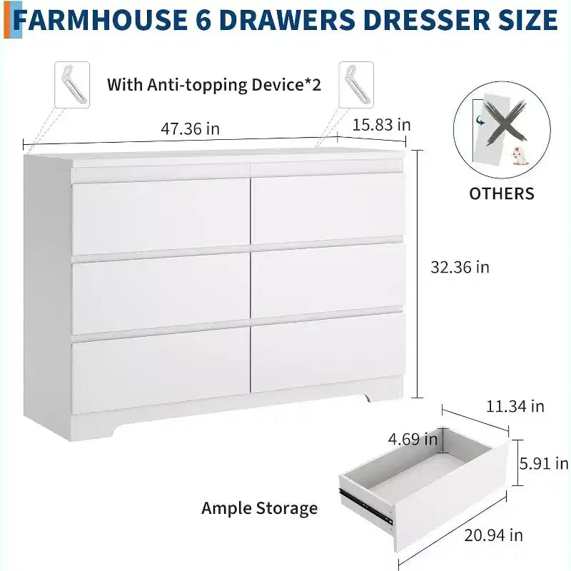 Modern 6-Drawer Dresser, Wood Storage Cabinet