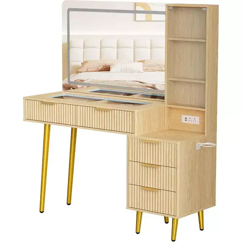 48 Fluted Makeup Vanity Desk with Mirror and Lights, Modern Makeup Table with 36 Lighted Mirror, 3 Color Modes, Built-in Outlet