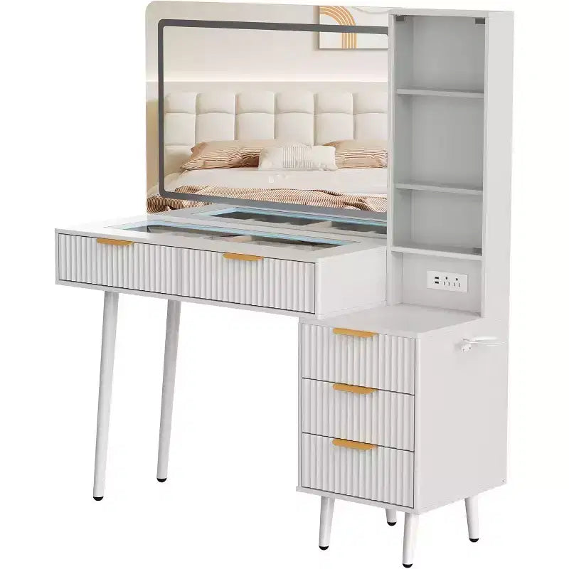 48 Fluted Makeup Vanity Desk with Mirror and Lights, Modern Makeup Table with 36 Lighted Mirror, 3 Color Modes, Built-in Outlet