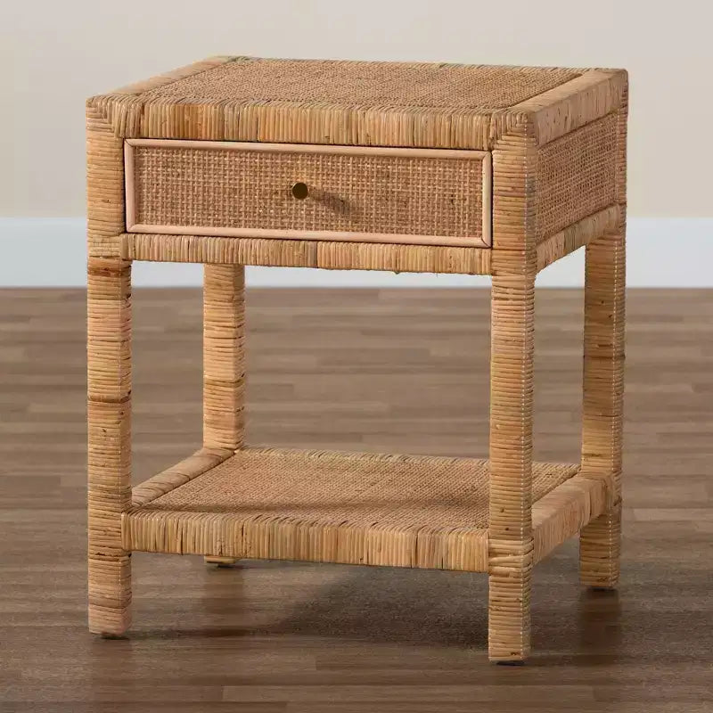 Natural Rattan & Mahogany 1-Drawer Nightstand with Open Shelf