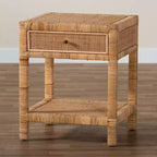 Natural Rattan & Mahogany 1-Drawer Nightstand with Open Shelf