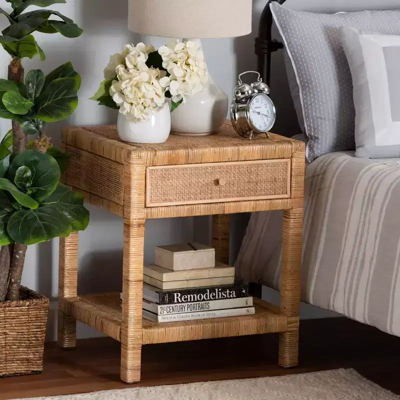 Natural Rattan & Mahogany 1-Drawer Nightstand with Open Shelf