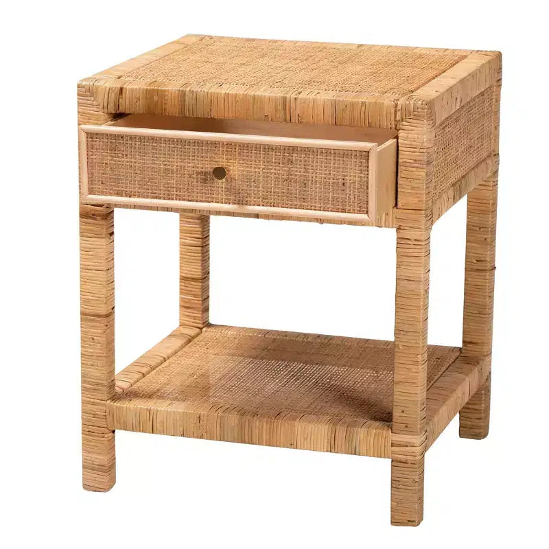 Natural Rattan & Mahogany 1-Drawer Nightstand with Open Shelf