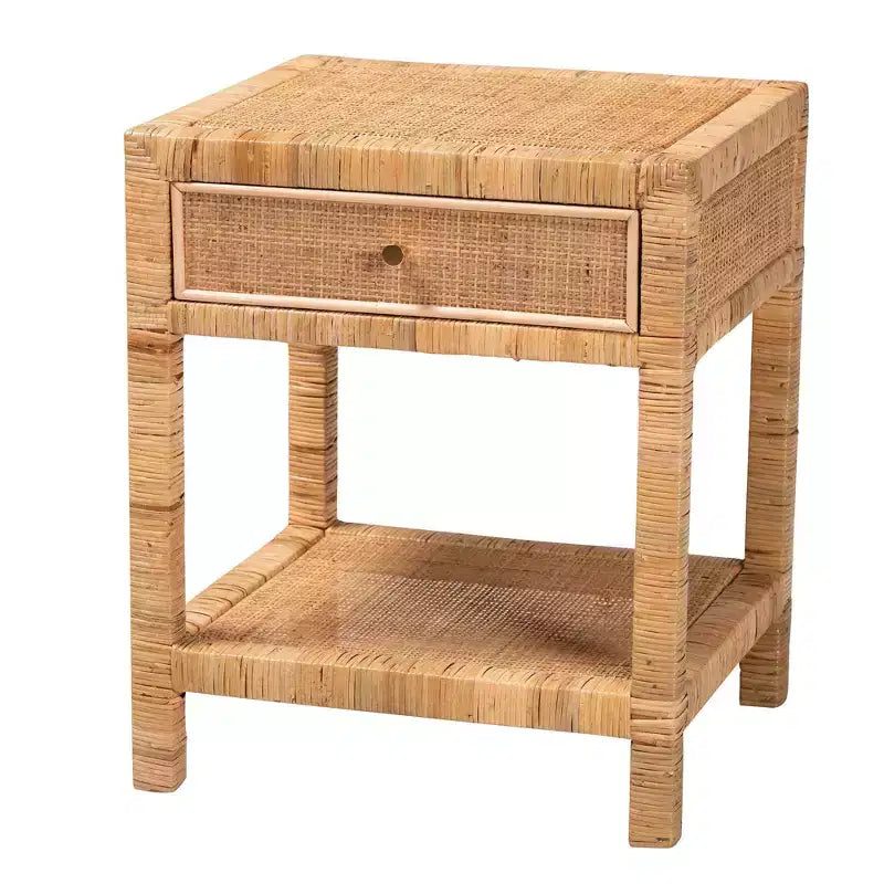 Natural Rattan & Mahogany 1-Drawer Nightstand with Open Shelf