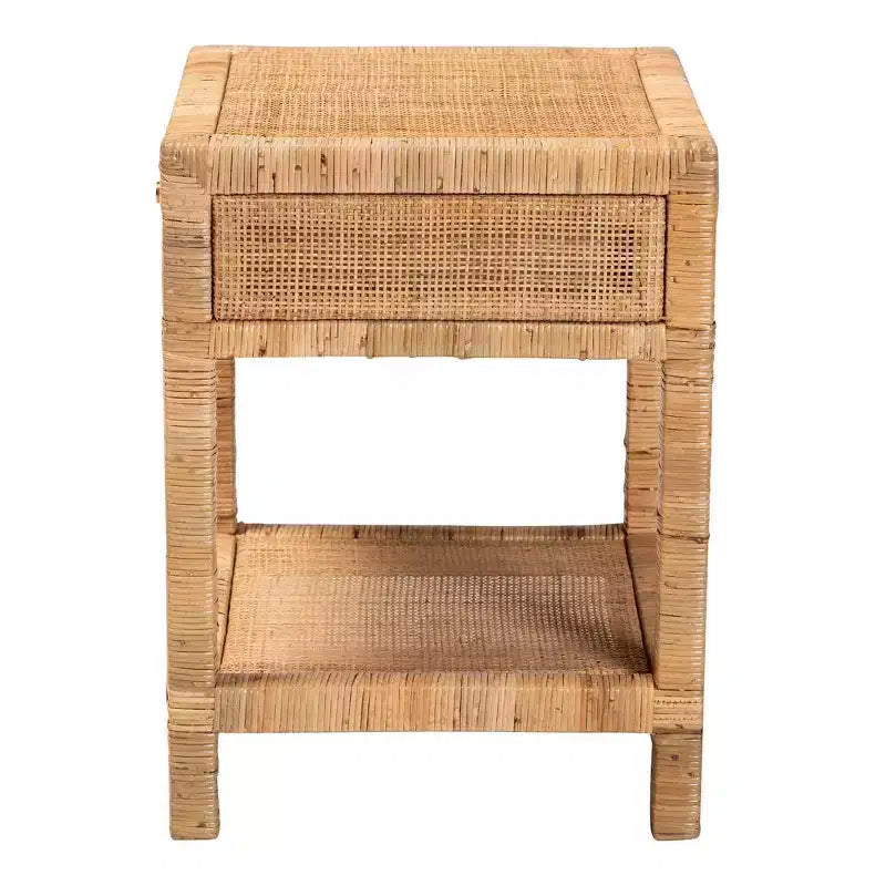 Natural Rattan & Mahogany 1-Drawer Nightstand with Open Shelf
