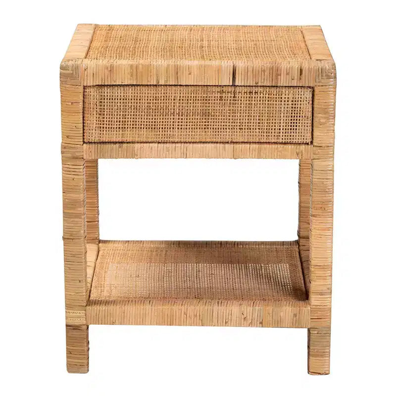 Natural Rattan & Mahogany 1-Drawer Nightstand with Open Shelf