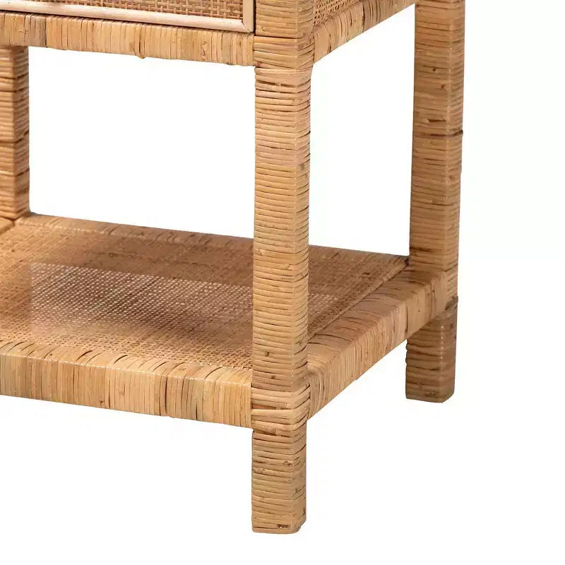 Natural Rattan & Mahogany 1-Drawer Nightstand with Open Shelf