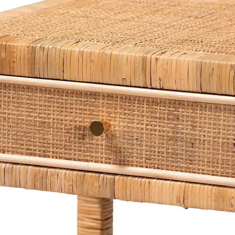 Natural Rattan & Mahogany 1-Drawer Nightstand with Open Shelf