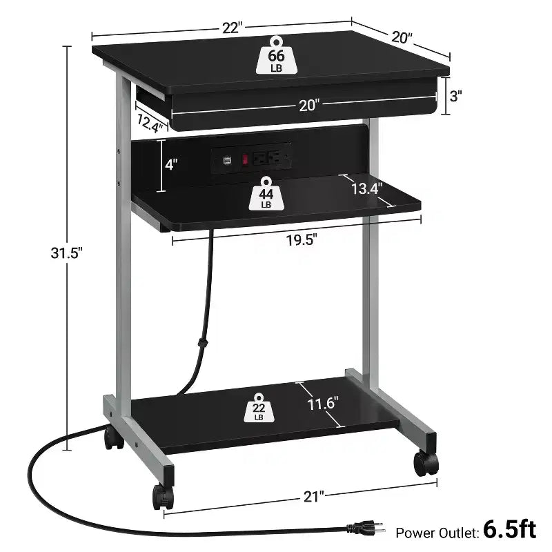 22-Inch Rolling Laptop Desk with Power Outlet - Black