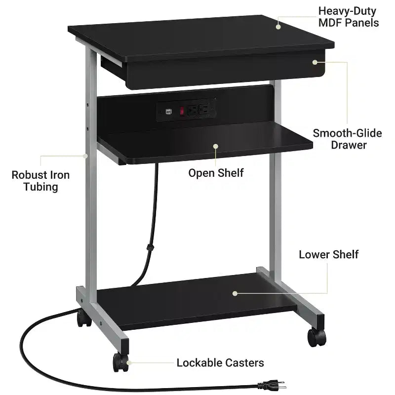 22-Inch Rolling Laptop Desk with Power Outlet - Black