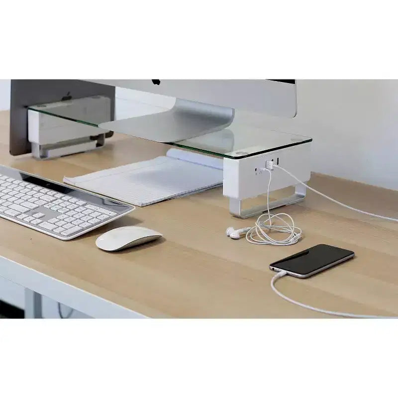 Tempered Glass Monitor Stand with 3 USB Ports | Desktop Riser for 24-32 Inch Screens | 66 Lbs Capacity