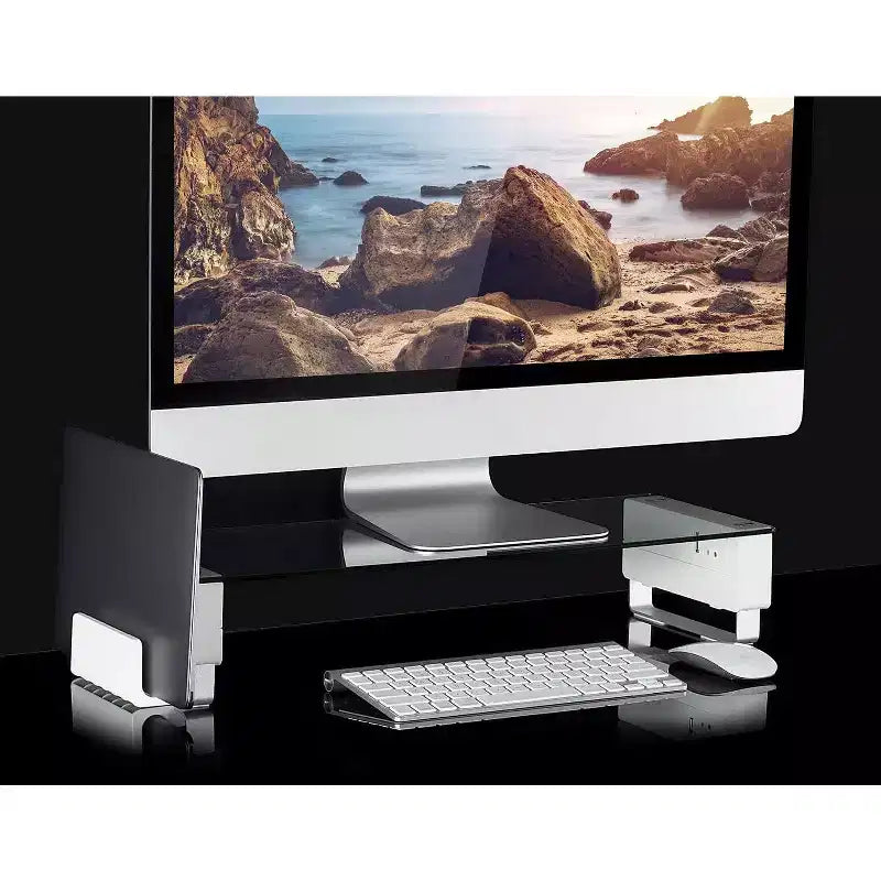 Tempered Glass Monitor Stand with 3 USB Ports | Desktop Riser for 24-32 Inch Screens | 66 Lbs Capacity