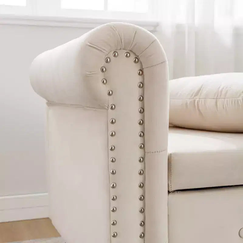 Velvet Chaise Longue with Storage, Pillow and Nailhead Accents