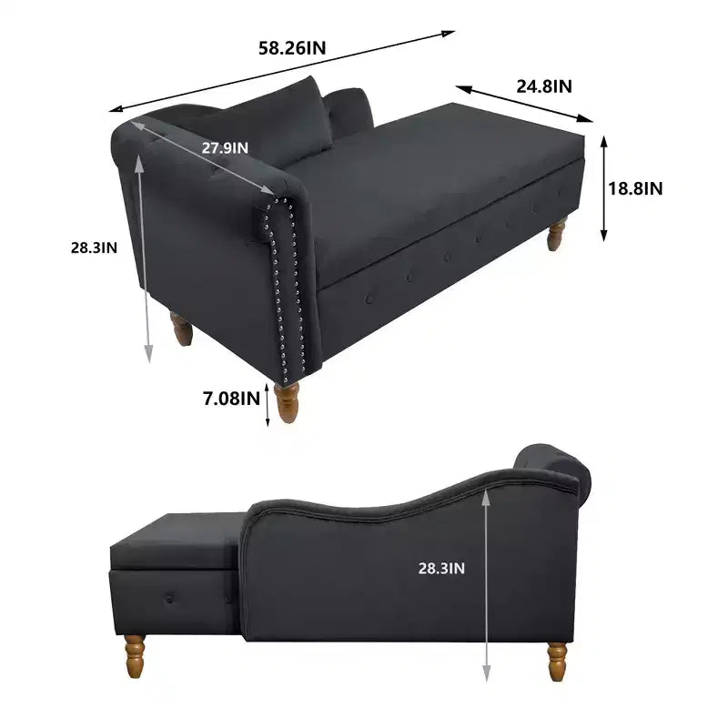 Velvet Chaise Longue with Storage, Pillow and Nailhead Accents