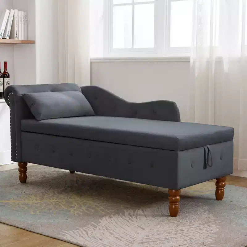 Velvet Chaise Longue with Storage, Pillow and Nailhead Accents