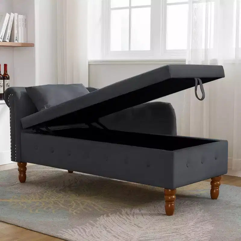 Velvet Chaise Longue with Storage, Pillow and Nailhead Accents