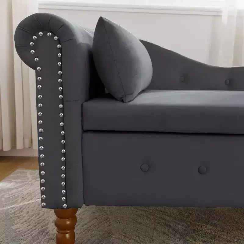 Velvet Chaise Longue with Storage, Pillow and Nailhead Accents