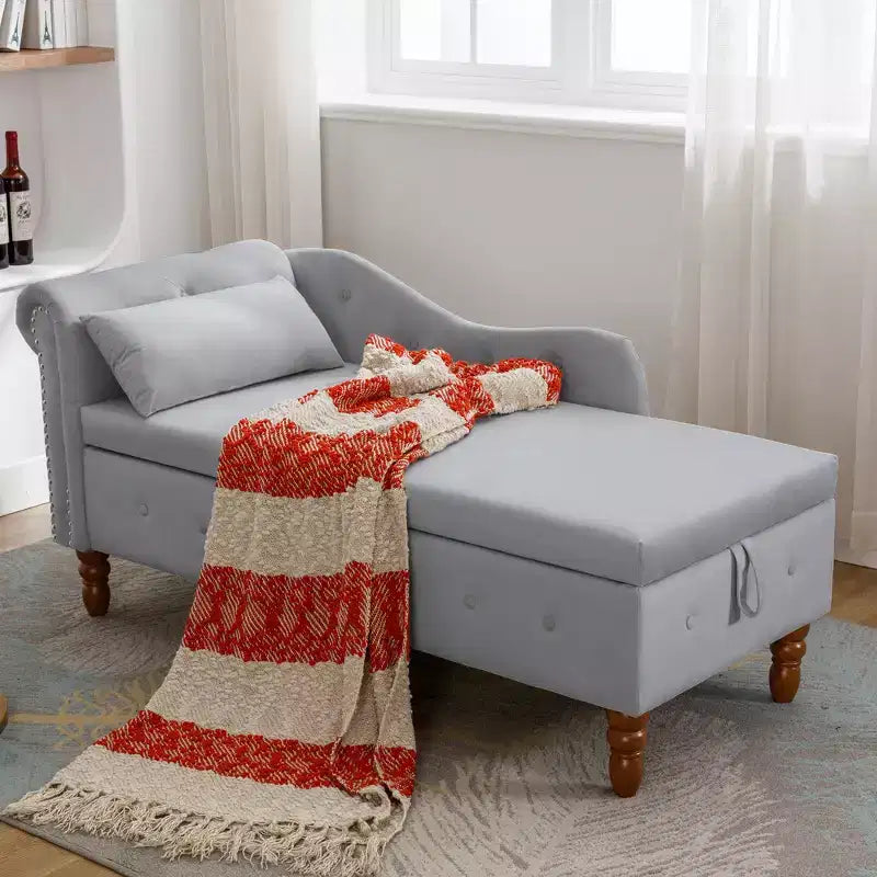 Velvet Chaise Longue with Storage, Pillow and Nailhead Accents