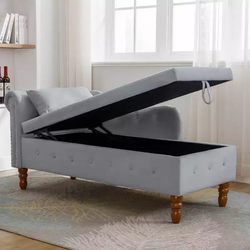 Velvet Chaise Longue with Storage, Pillow and Nailhead Accents