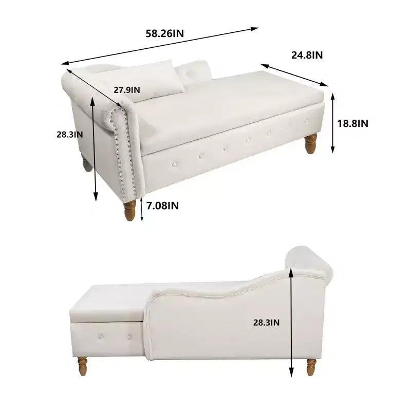 Velvet Chaise Longue with Storage, Pillow and Nailhead Accents