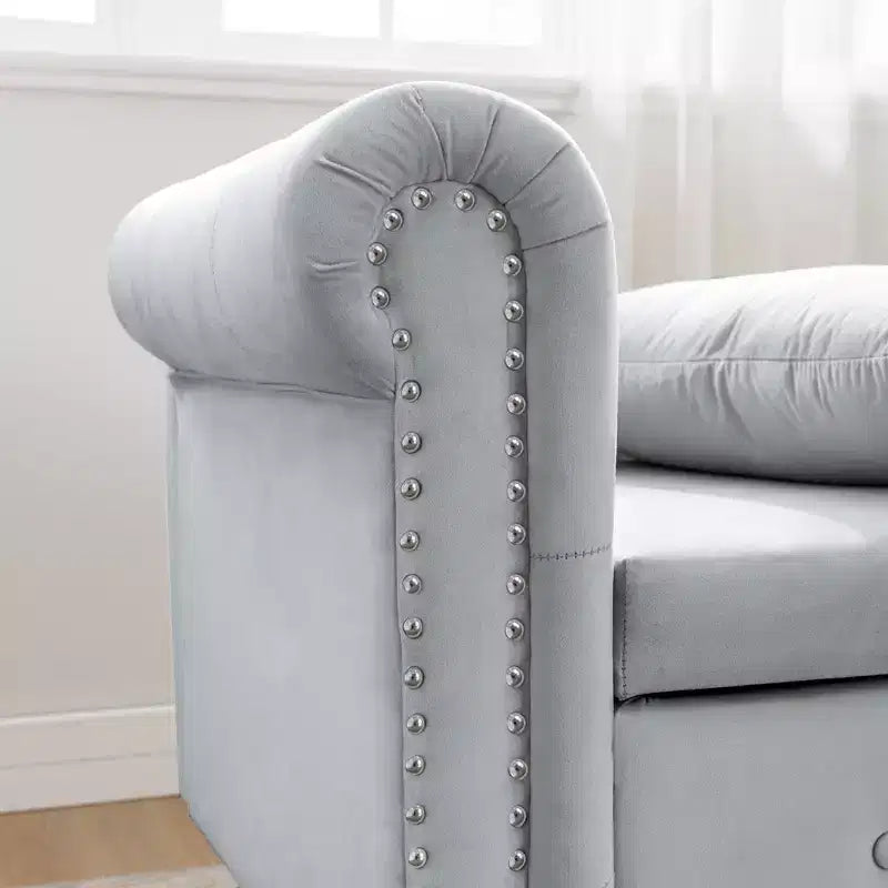 Velvet Chaise Longue with Storage, Pillow and Nailhead Accents