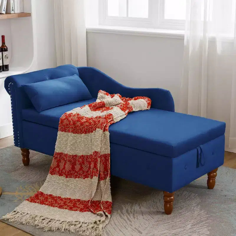 Velvet Chaise Longue with Storage, Pillow and Nailhead Accents