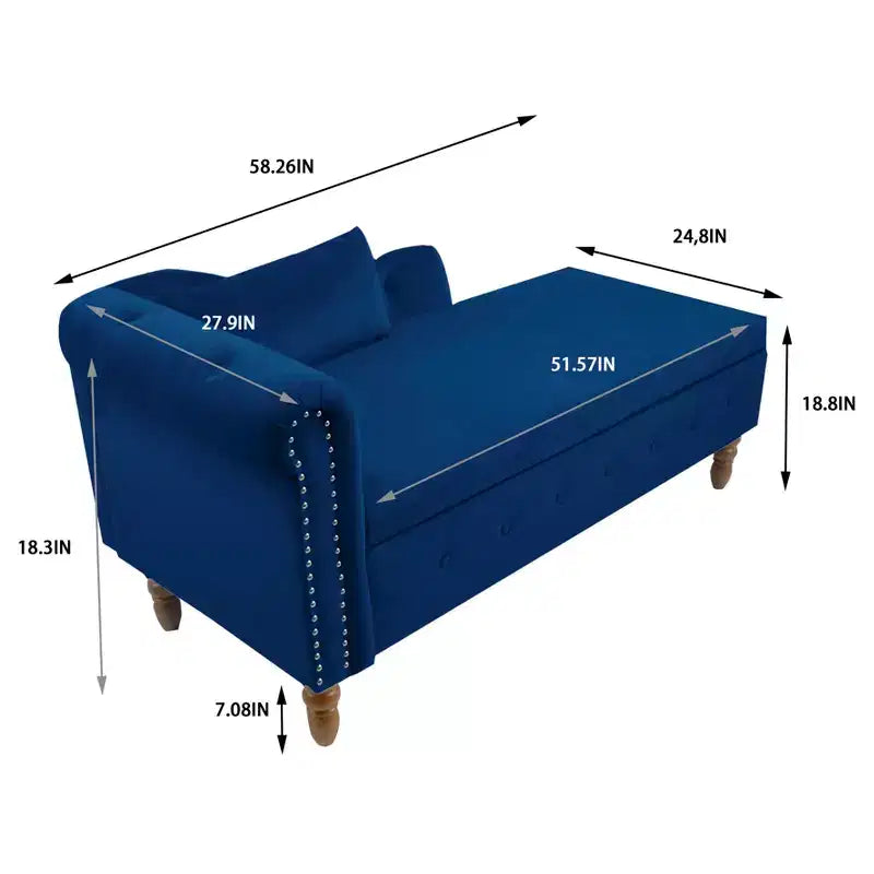 Velvet Chaise Longue with Storage, Pillow and Nailhead Accents