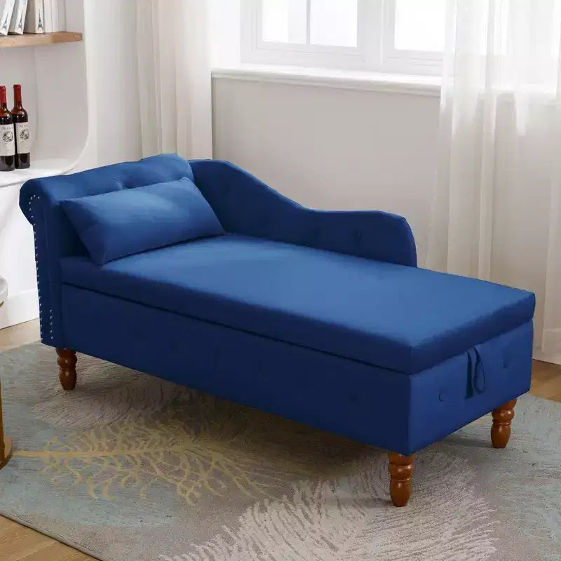 Velvet Chaise Longue with Storage, Pillow and Nailhead Accents