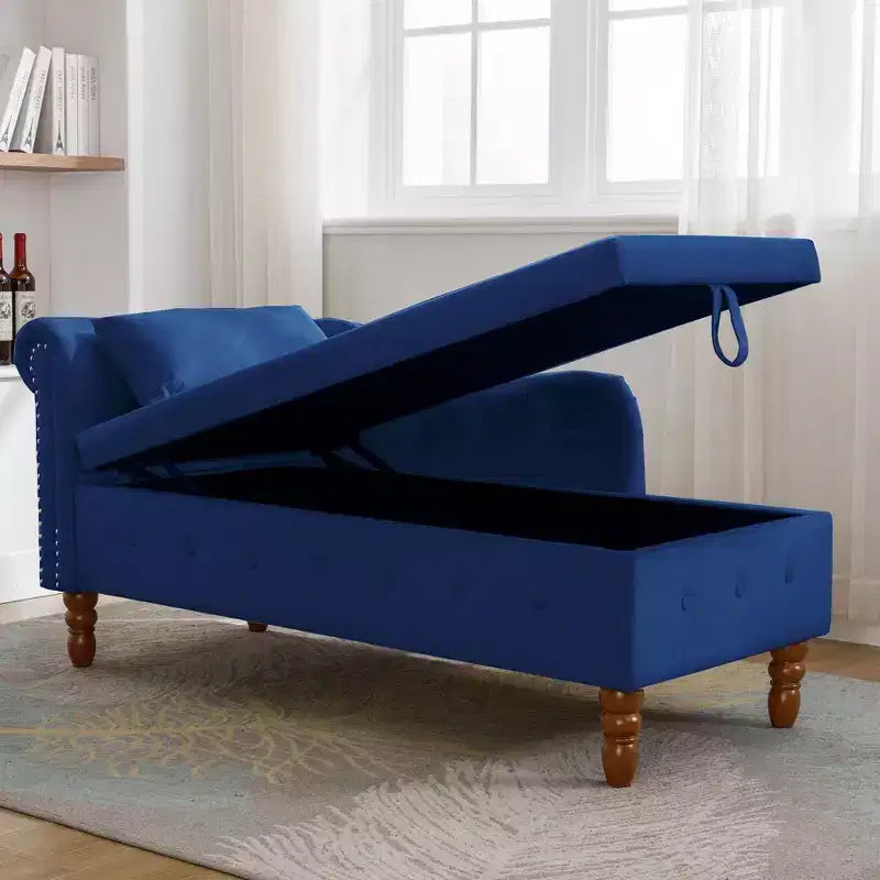 Velvet Chaise Longue with Storage, Pillow and Nailhead Accents