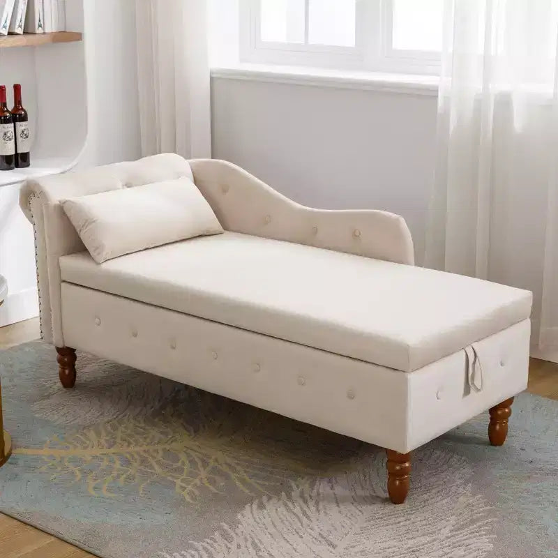 Velvet Chaise Longue with Storage, Pillow and Nailhead Accents