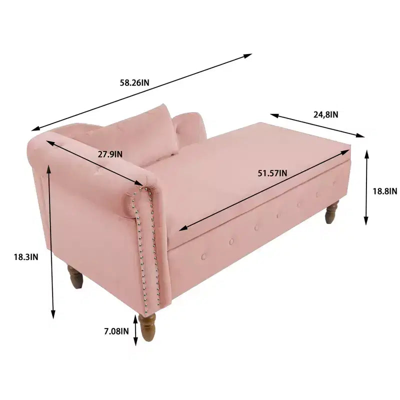Velvet Chaise Longue with Storage, Pillow and Nailhead Accents