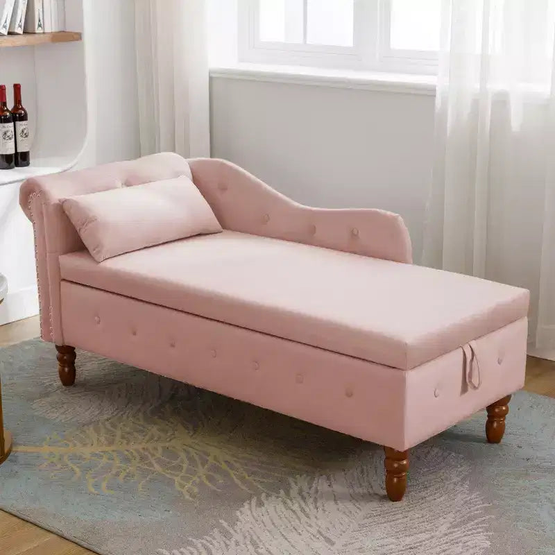Velvet Chaise Longue with Storage, Pillow and Nailhead Accents