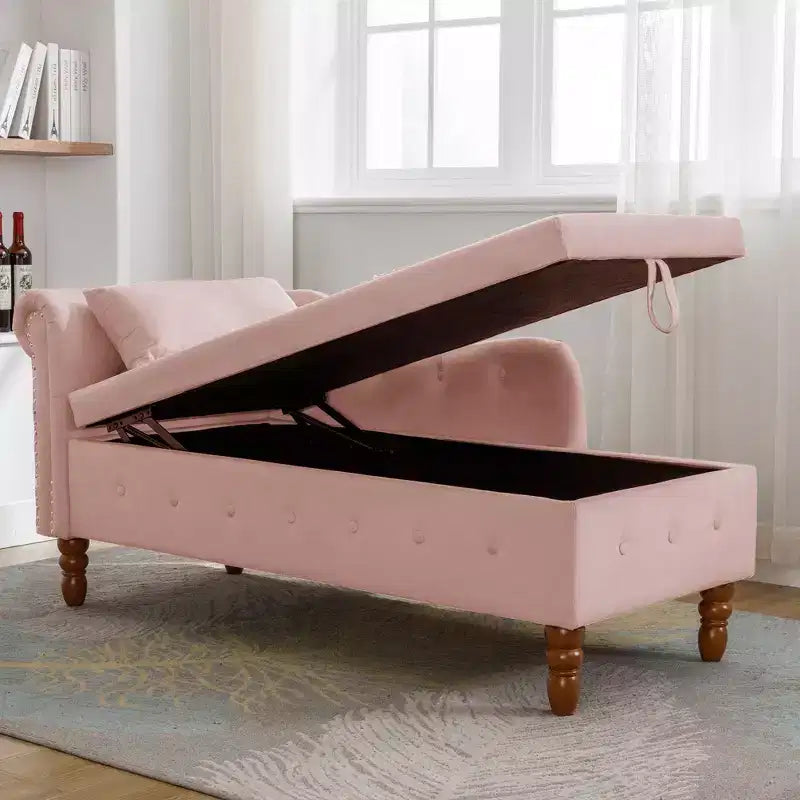 Velvet Chaise Longue with Storage, Pillow and Nailhead Accents
