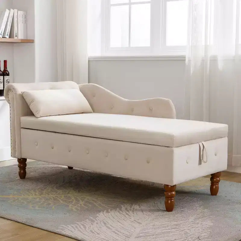 Velvet Chaise Longue with Storage, Pillow and Nailhead Accents