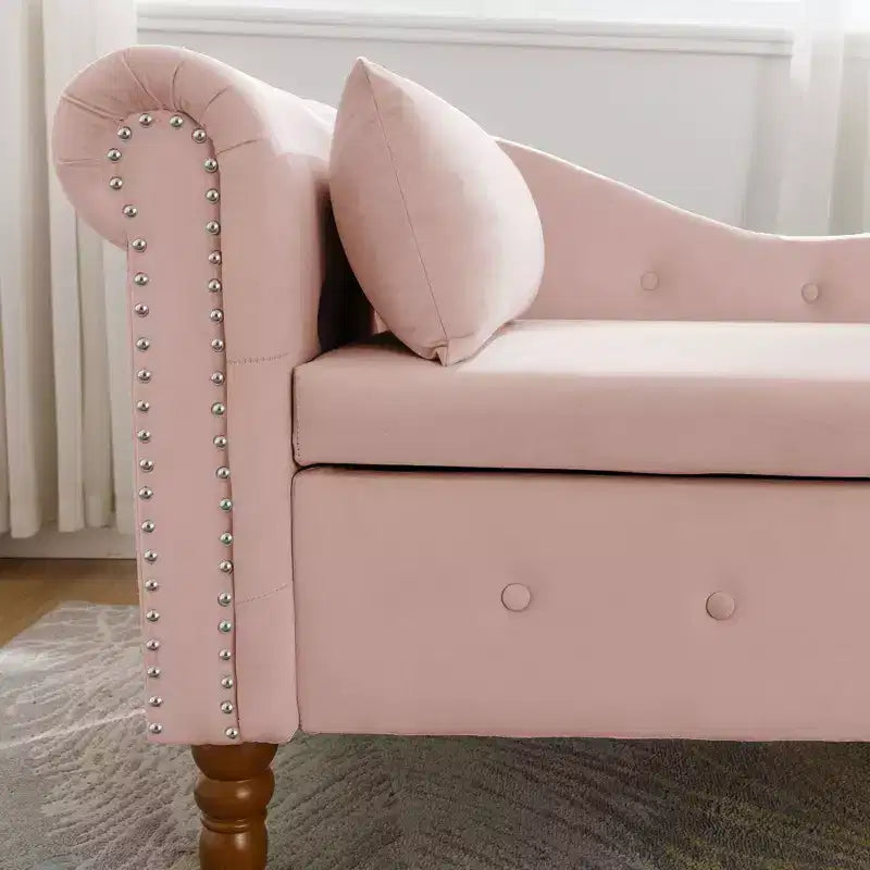 Velvet Chaise Longue with Storage, Pillow and Nailhead Accents