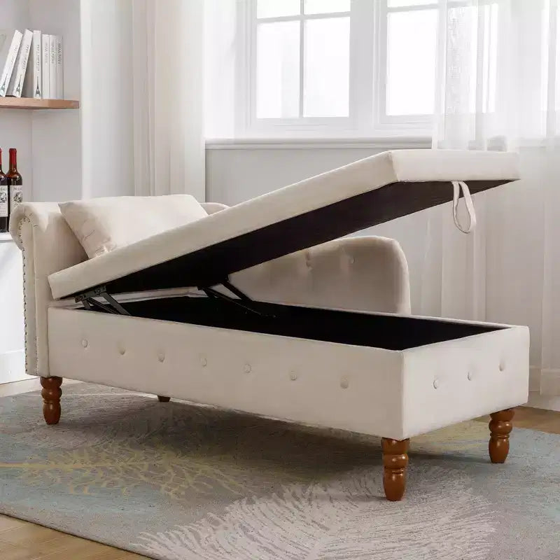 Velvet Chaise Longue with Storage, Pillow and Nailhead Accents