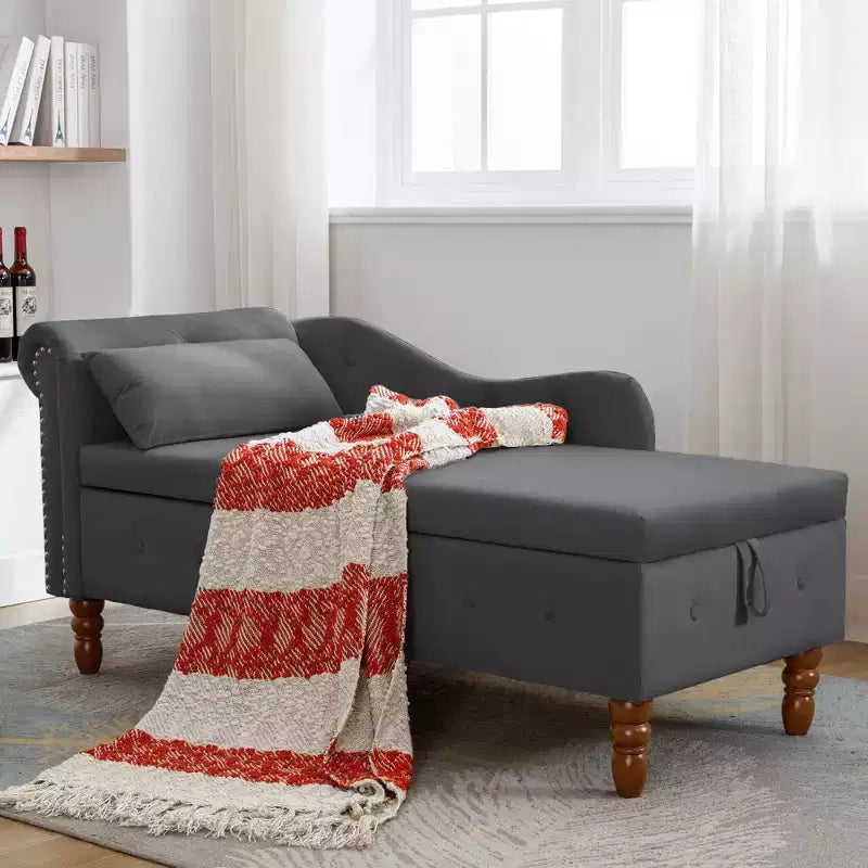 Velvet Chaise Longue with Storage, Pillow and Nailhead Accents